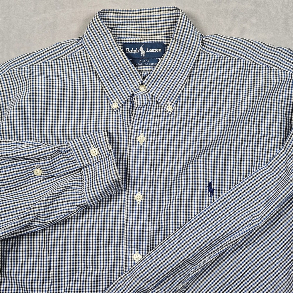 Vintage Ralph Lauren Button Down Shirt Mens Large Blue Gingham Check Blake